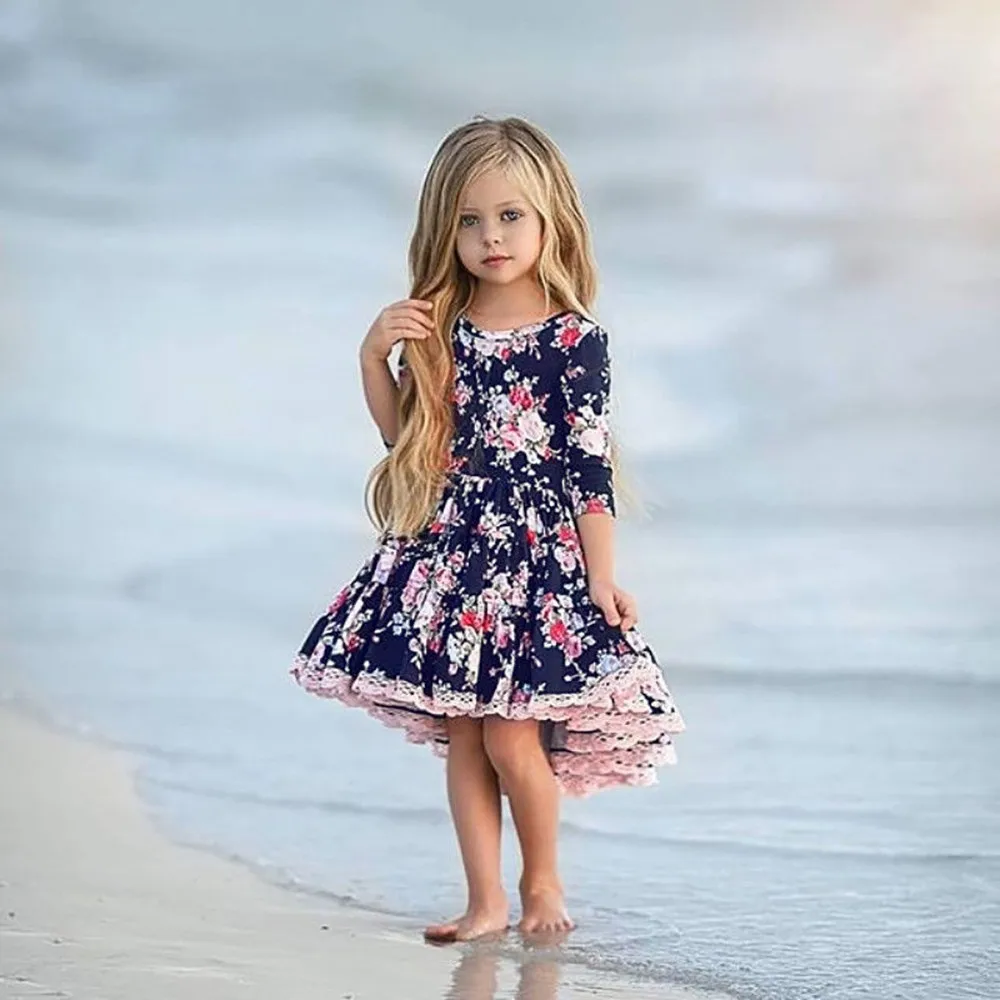 

2019 Fashion Beach Children Kids Girls Long Sleeved Flower Floral Print Dance Dress Clothing