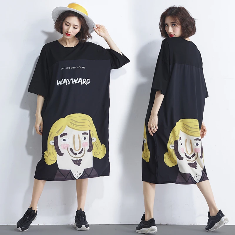 

BIG SIZE 5XL Summer Women Euorpean Fashion Cartoon Print Tops Ladies Female Plus Large Short Sleeve Long Loose Casual Dress
