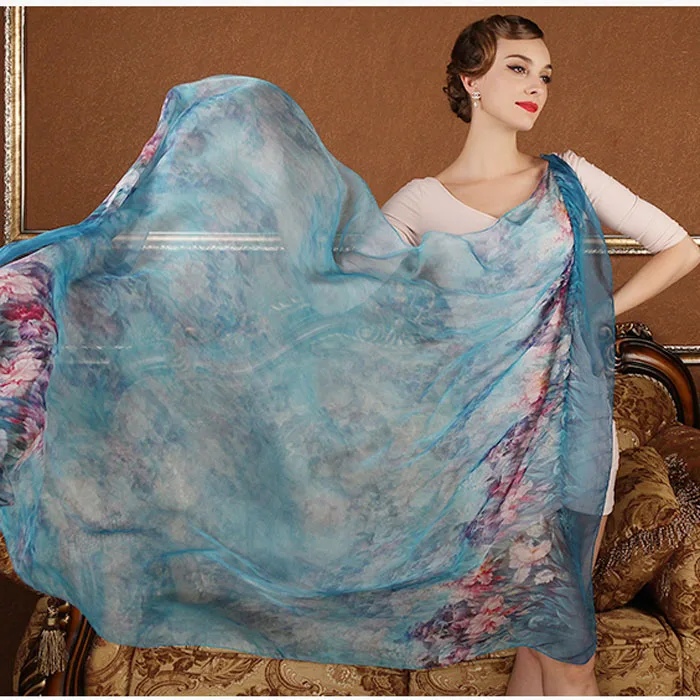 100 % 실제 실크 스카프 랩 숄 히잡 여성 긴 스타일 디지털 인쇄 클래식 꽃 디자인 대형 175x108 센치 메터