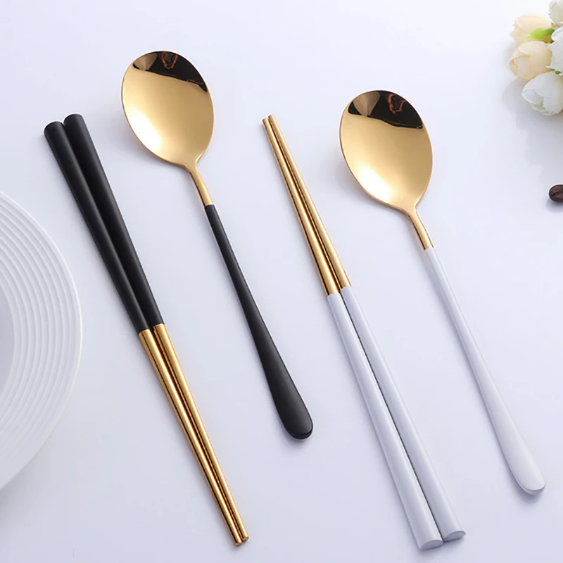 2 шт./компл. корейский стиль палочки для еды золотые ложки набор 304 нержавеющая сталь Портативный Кемпинг Пикник посуда палочки для еды