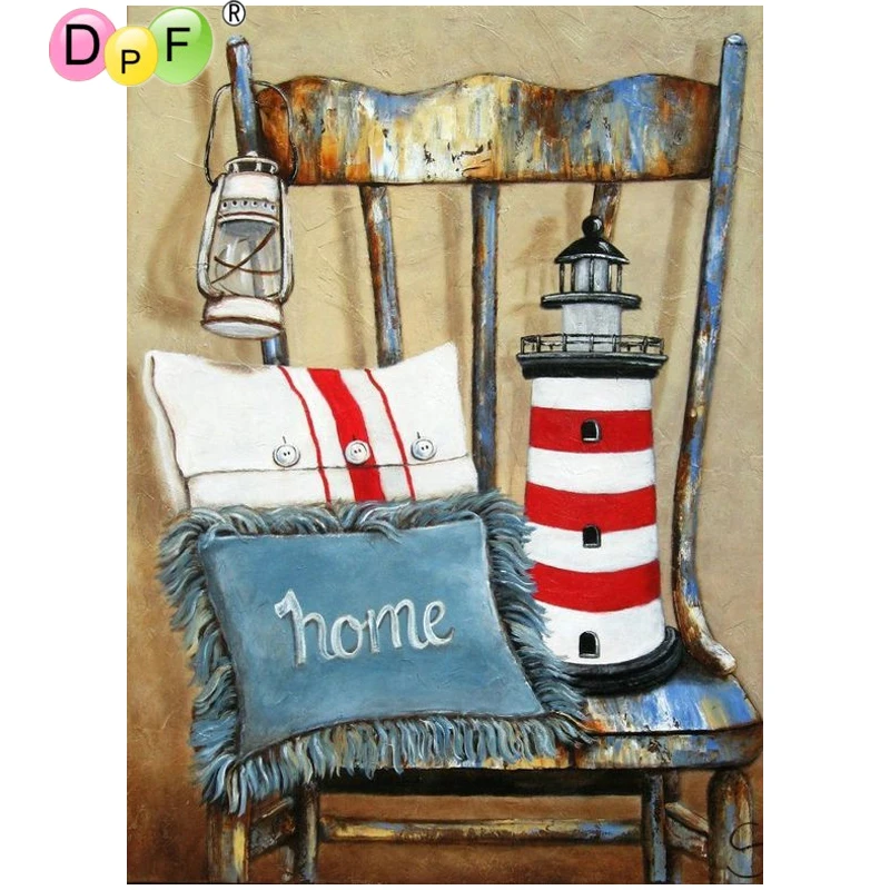 

DPF DIY A lighthouse and a pillow on a chair diamond painting cross stitch diamond embroidery diamond mosaic crafts home decor