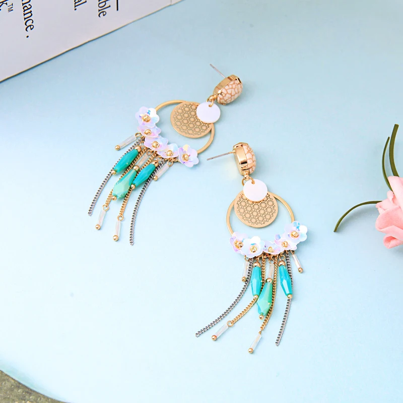 

BALANBIU Hyperbole Sequins Shell Iron Sheet Flowers Texture Synthetic Stone Glass Tassel Gold Color Brass Drop Earring For Women