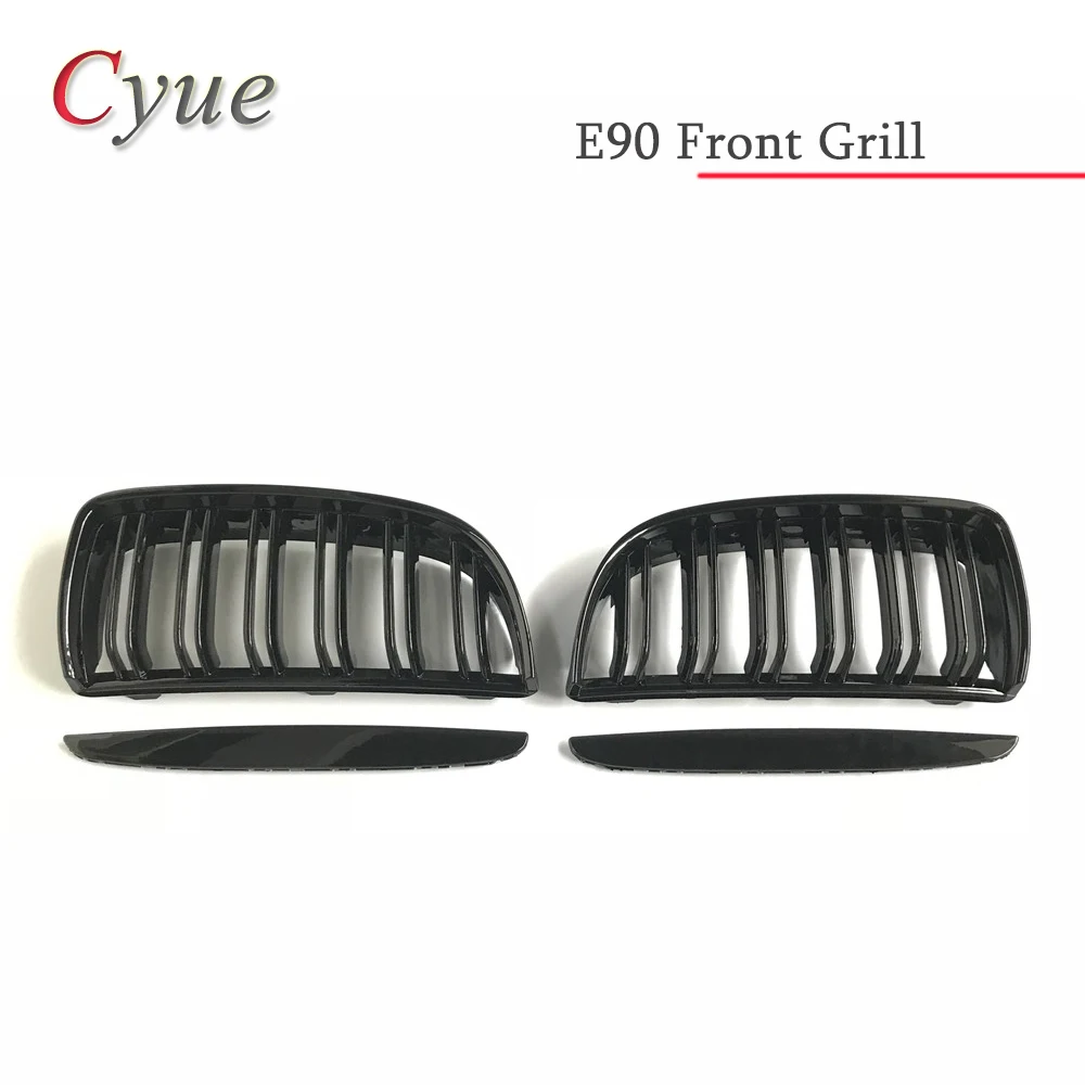

1 Pair Front ABS Glossy Black 2 Line Double Slat Kidney Grille Grill For BMW E90 E91 4 Door 2005-2008