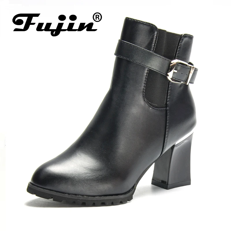 Fujin Brand Autumn Winter Platform 7CM Square Heels Women Ankle Boots Pu Leather Thick High Heel Female Warm | Обувь