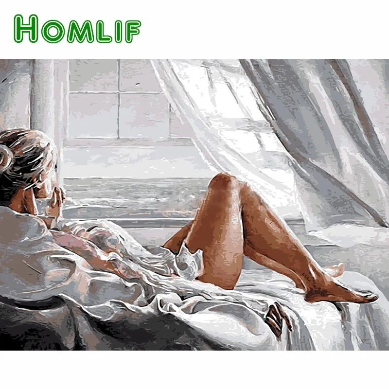 

HOMLIF 5D DIY Diamond Embroidery Sexy Woman Bed with Sea View Diamond Painting Cross Stitch Round Drill Mosaic Decoration Gift