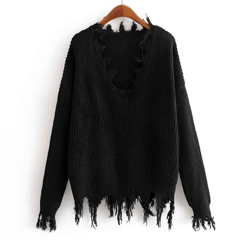 

ANSFX Sexy Knitted Sweater Deep V-Neck Pullover Tassel Hem Irregular Long Sleeve Fashion Women Knitwear Jumper Tops 3 Colors