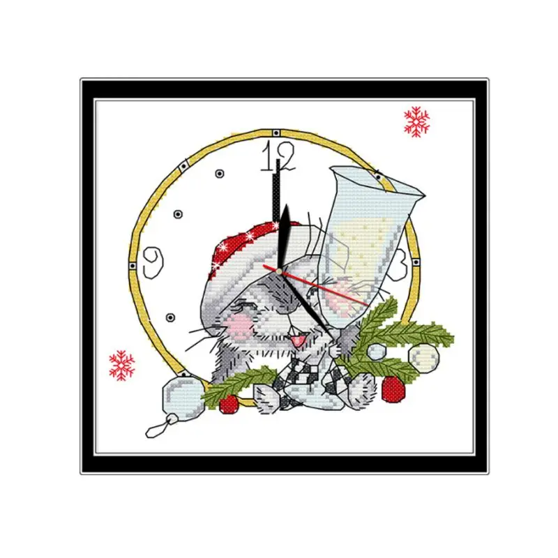 

Christmas Mouse DIY Handmade Needlework Counted 14CT Printed Cross Stitch Embroidery Kit Set Wall Clock Living Room Home Decor