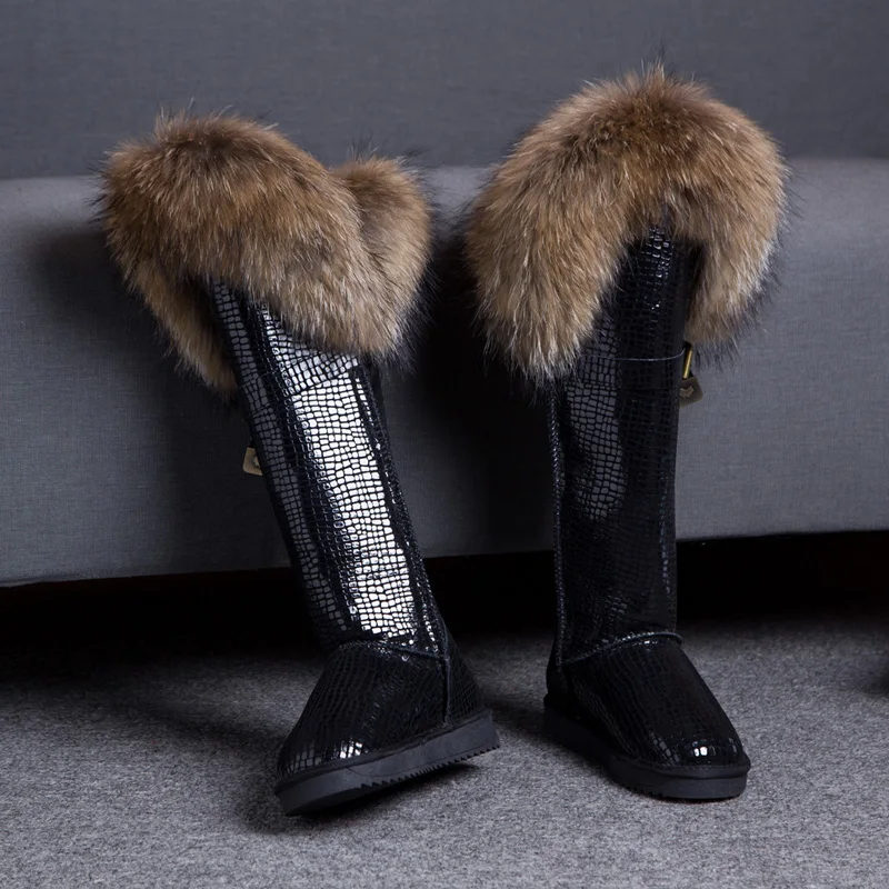 New  Winter Genuine Leather Snow Boots Natural Fox Fur Knee- High Boots Waterproof Flat Heel Long Women Fur Boots Raccoon Fur