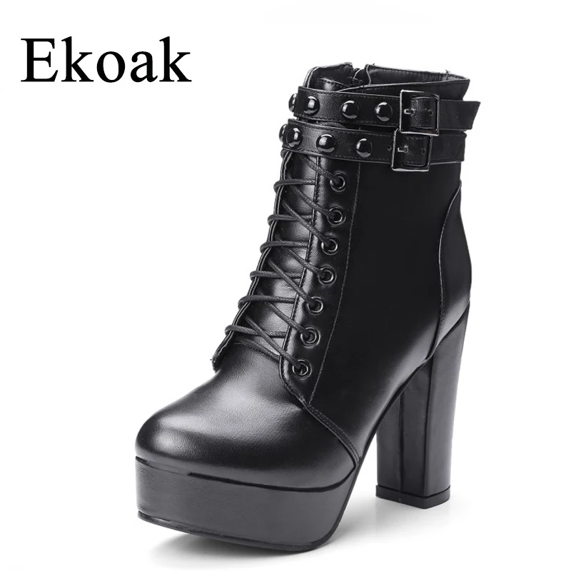 

Ekoak New Rivets Ankle Boots for Women Ladies Autumn Boots High Heels Black Double Buckles Leather Motorcycle Boots Shoes Woman
