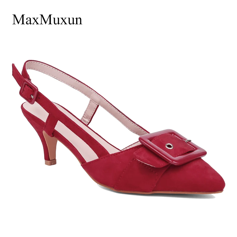 

MaxMuxun Women Kitten Heels Slingback Pumps Pointed Toe Sexy Ladies Buckle Rivet Faux Suede Black Red Party Dress Shoes