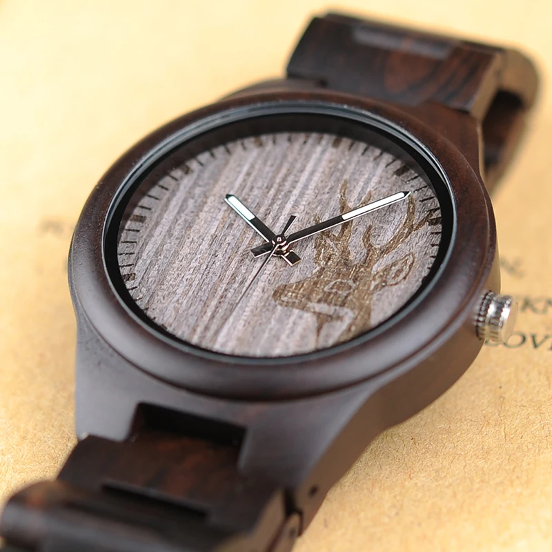BOBO BIRD Mens Black Ebony Wooden Watch Deer Head Dial Top Brand Luxury Quartz Wrist Watch for Men in Gift Box