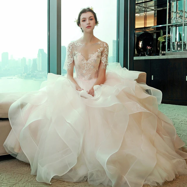 White Champagne Ball Gown Wedding Dresses Lique Lace Sleeves White Champagne Ball Gown Wedding Dresses Lique Lace Sleeves Ruffles Gowns Bridal Dress Vestidos Praia