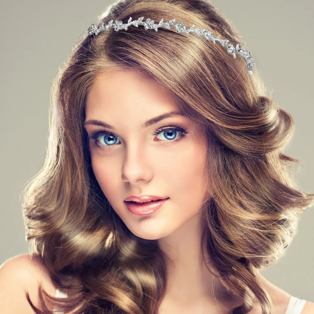 TecUnite 4 Pieces Wedding Party Crystal Flower and Leaves Crown Headband and Women's Faux Pearl Rhinestones Headdress for Bride Bridesmaids (Style Set 1) (7)