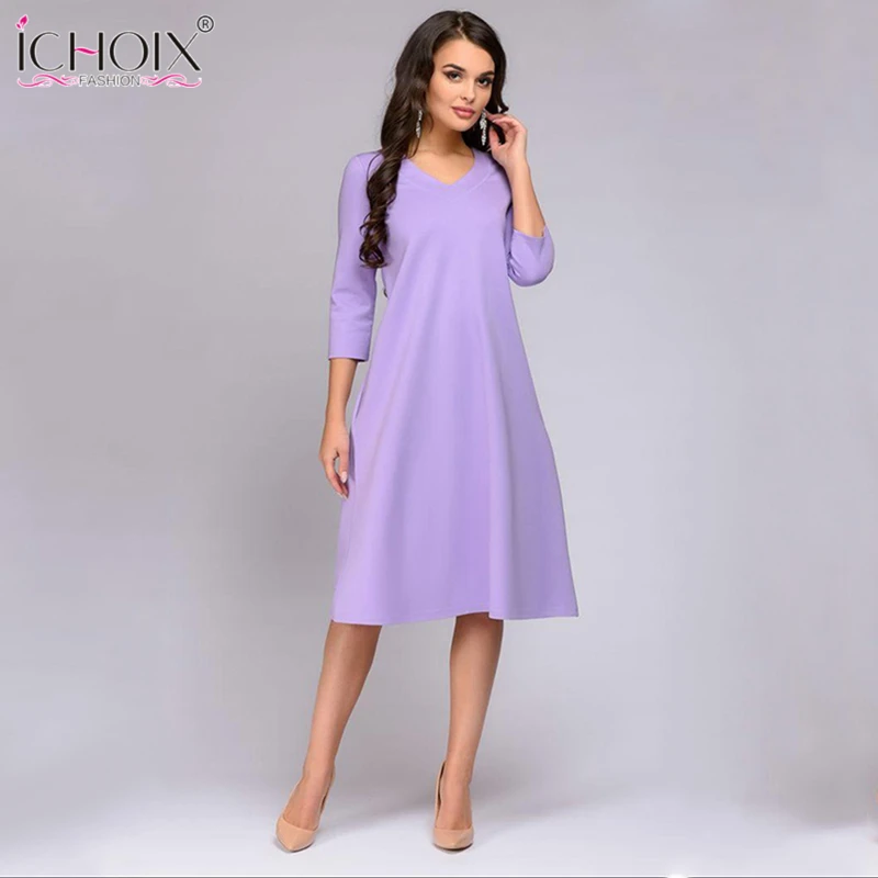 ICHOIX 2018 Spring Summer Solid Color Dress Three Quarter Sleeve Pockets Elegant Dress Women Loose Casual Dress Purple Vestido ICHOIX 2018 Spring Summer Solid Color Dress Three Quarter Sleeve Pockets Elegant Dress Women Loose Casual Dress Purple Vestido