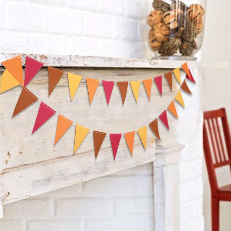 

3Meter 28 Flags Red Orange Yellow Triangle Autumn theme Paper Banner Flags For Thanksgiving Party Decoration