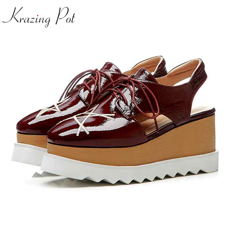 

Krazing Pot 2018 genuine leather patent summer cow leather thick bottom high heels shoes women pumps star decoration shoes L18