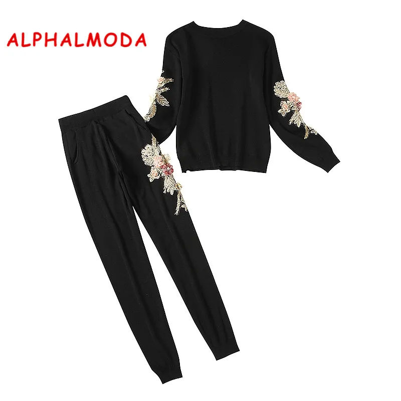 

ALPHALMODA Flowers Knitting Clothing Sets Women Winter 3D Floral Jumpers Slim Trousers Winter Vogue Fashion Tracksuits Sets