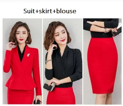 skirt suit blouse Весенние осенние деловые костюмы, женский приталенный деловой костюм с юбкой, офисный женский костюм, Корейская версия интервью формальная одежда, F20 - Цвет: skirt suit blouse