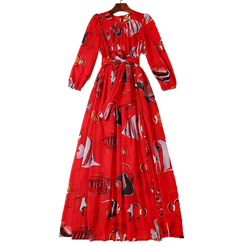 

XF New 2018 Summer High-Quality Fashion Designer Runway Party Dress Retro Female Tropical Fish Print Fashion Red Long Dress