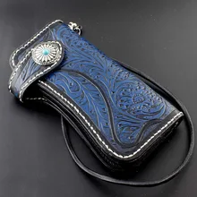 Синий кожаный бумажник ручной работы с цепочкой