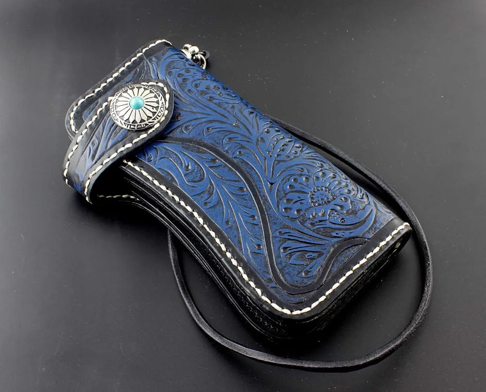 

Blue Genuine Leather Handmade Tooled Biker Rocker Wallet with Chain