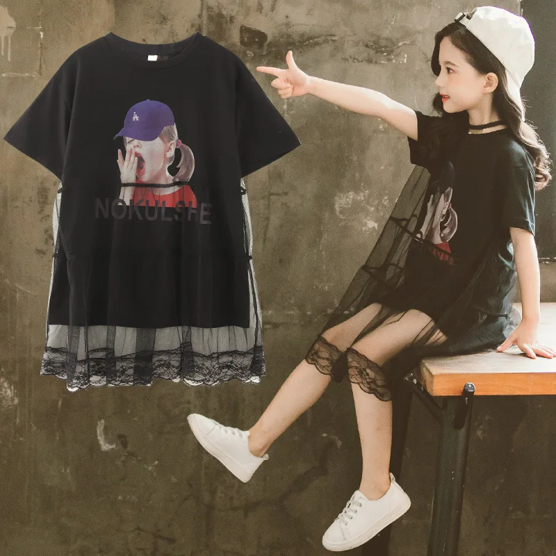 

Girls' Summer Dress 2019 Korean Princess dresses Cotton casual Shirtdress Kids clothes Mesh and Cotton 2 layers dress Age 4-14y