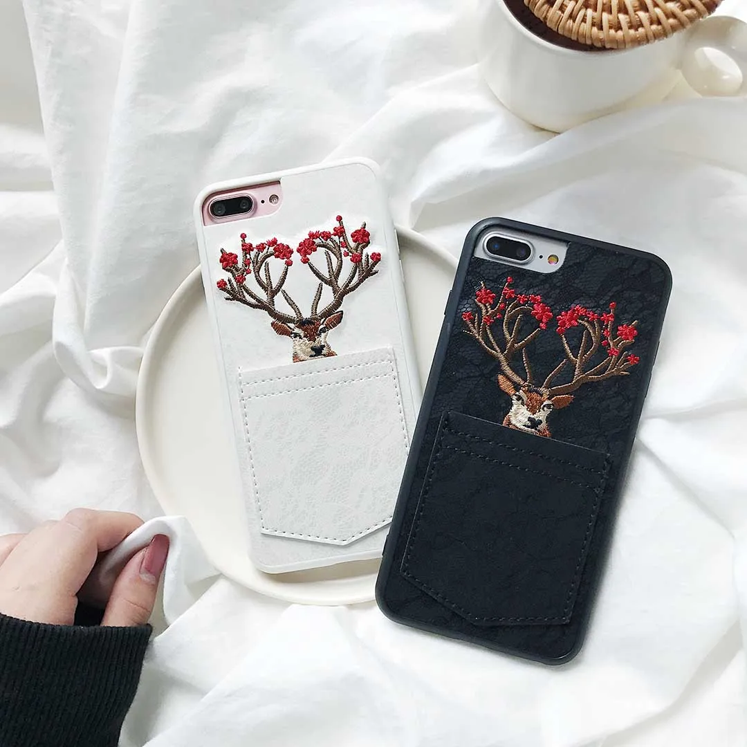 Джинсовый кошелек чехол с 3D вышивкой для телефона iPhone 7 plus 6 8 x Sika Deer Cat задняя