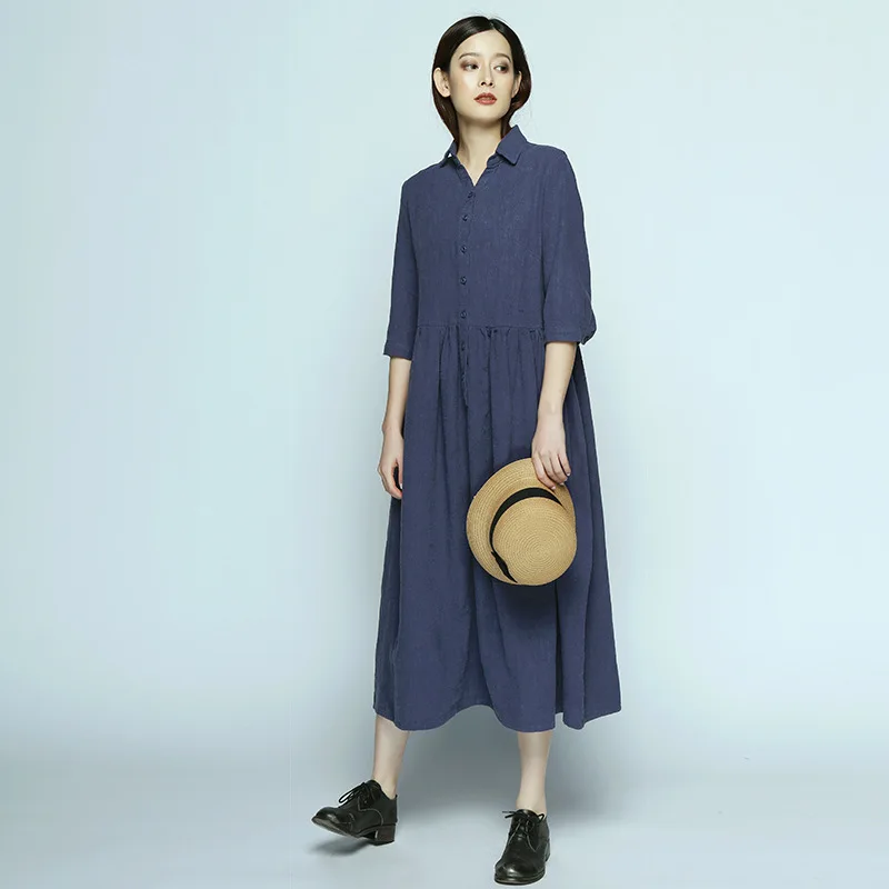 

Johnature 2019 Spring Summer New Long Dress For Women Vintage Casual Ramie Loose Half Sleeve Turn-down Collar Dresses