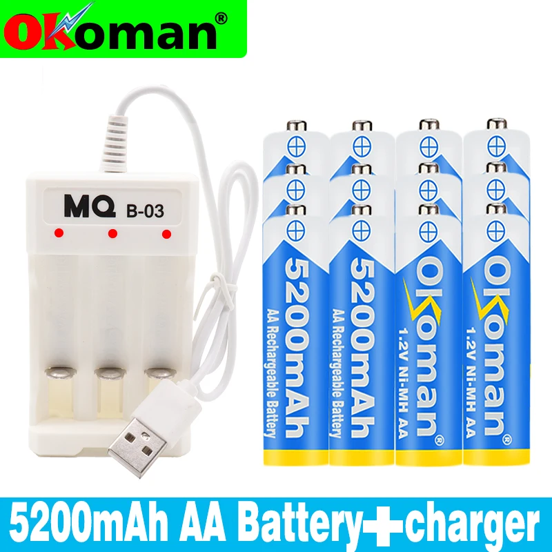 Famous brand 1.2V 5200mAh NI MH AA Pre-Charged Ni-MH Rechargeable aa Battery For Toys Camera Microphone Batteries + Charger | Электроника