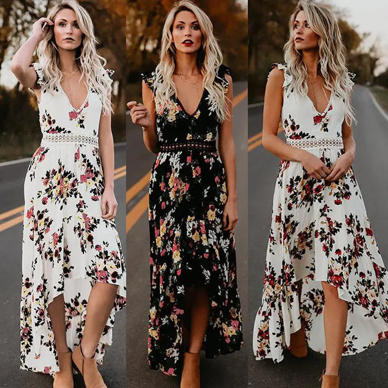 

Women Summer Sexy Backless Long Maxi Party Club Dress Print V-Neck Dress