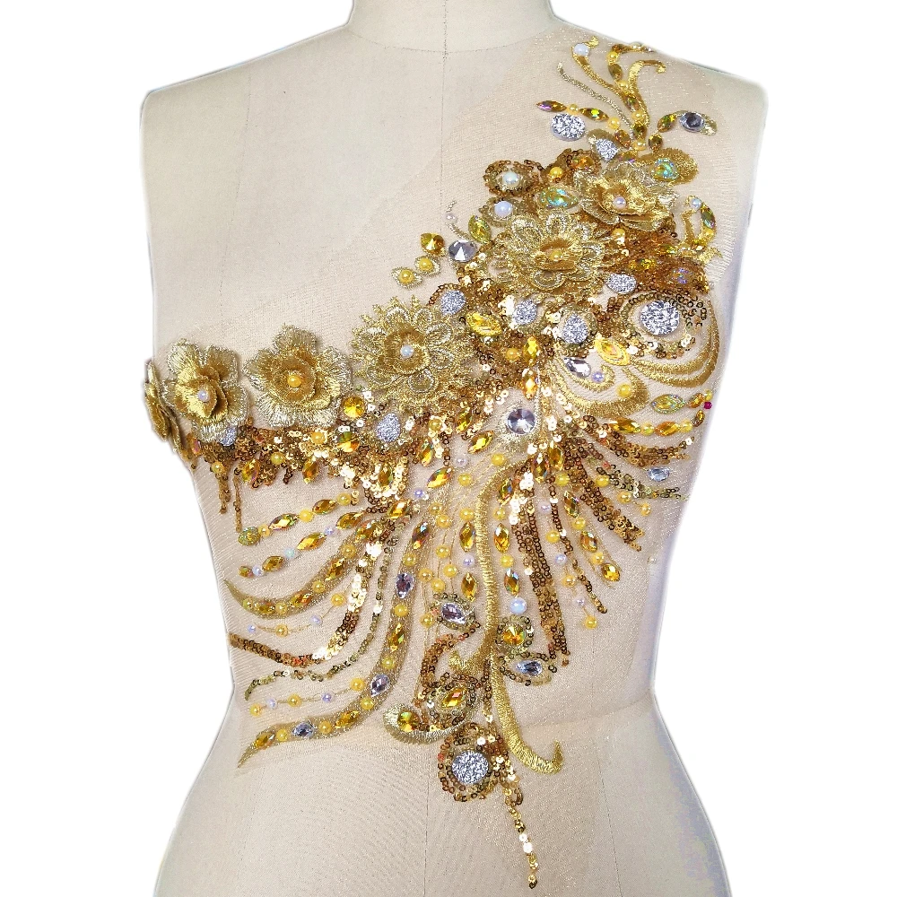 

37x44cm Embroidery Flower Patch 3D Yellow Lace Applique Sewing Lace Motif Handcraft Accessoris for Costume Wedding Dress Bodices