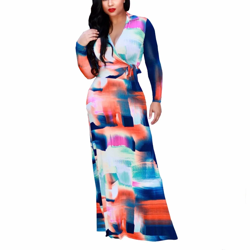 

L-5XL High Quality Fashion 2017 Maxi Dress Women's long Sleeve deep v neck Graffiti Printed Celebrity Party Long Dress D1157