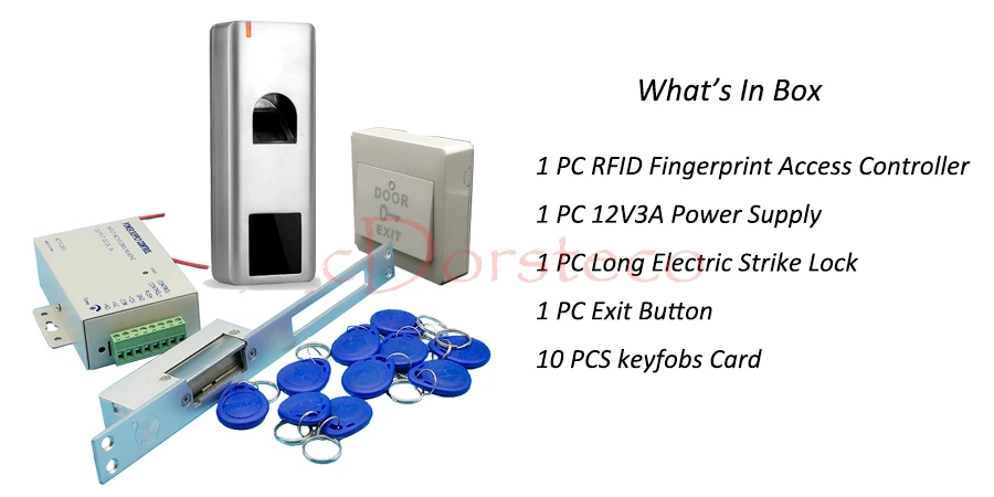 Водонепроницаемый металлический комплект контроля доступа с отпечатком пальца + Электрический замок с длинным типом + 10 RFID карта брелка