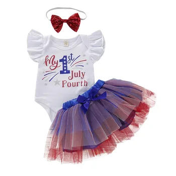 

0-18M New Infant Baby Girl Princess Fourth of July Jumpsuit Bowknot Skirt Headband 3pcs Set