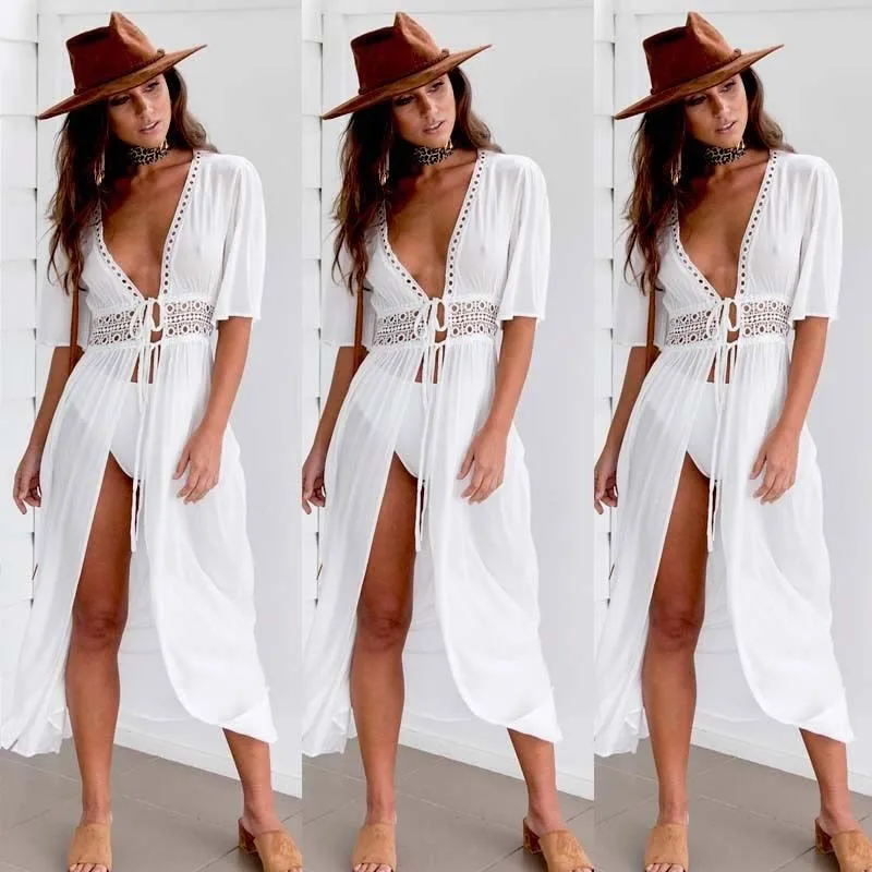 Summer Pareo Beach Cover Up Women tunics for beach Short Sleeve V Neck white beach dress Wear Swimwear Vestidos Cover Up