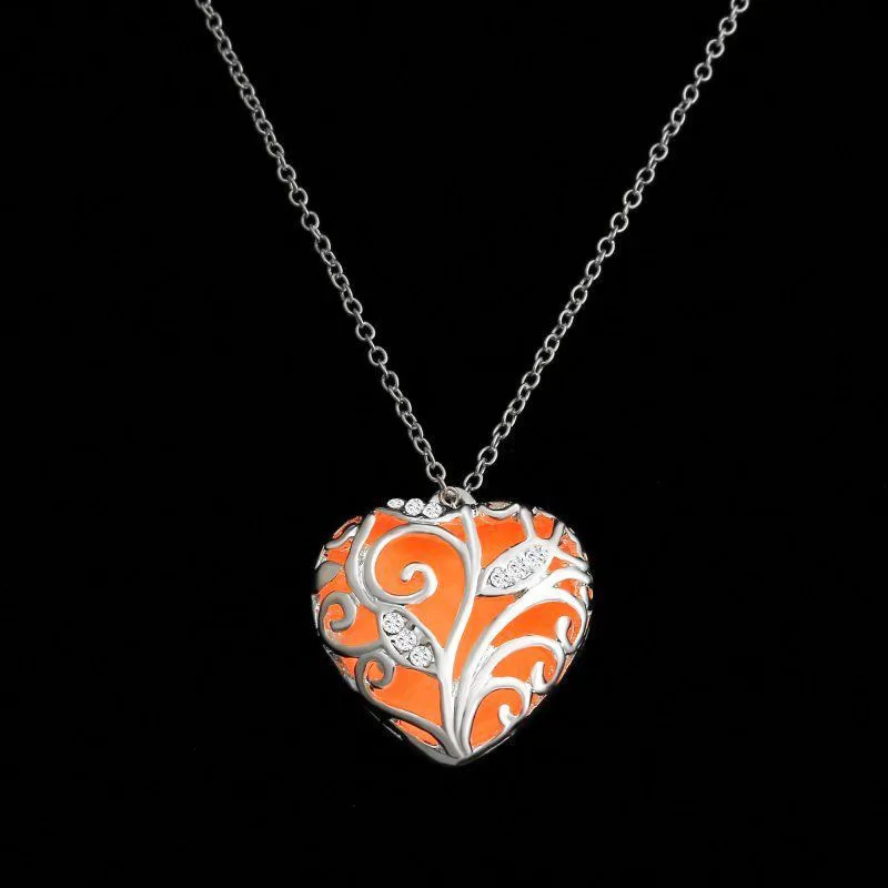 Turquoise Glow In the Dark Heart Necklace Silver Hollow Pendant Christmas Best Friend Gift