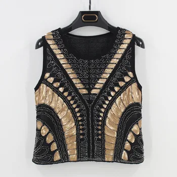 

Korean Tumblr Kpop 2019 Spring And Summer New Europe America Heavy Industry Beaded Sequins Vest Round Neck Pullover T-shirt