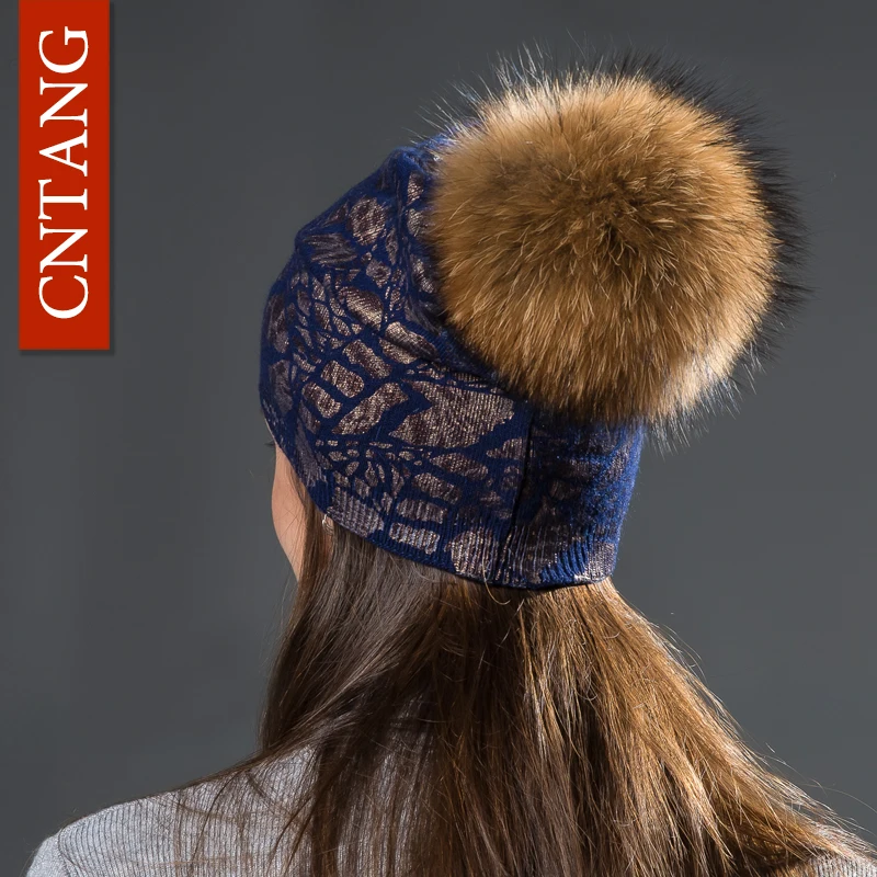 CNTANG женские зимние теплые шапки модные бронзовые шляпы с леопардовым рисунком с натуральным помпоном меховые шапки женские вязаные шерстяные шапки енотовые шапочки
