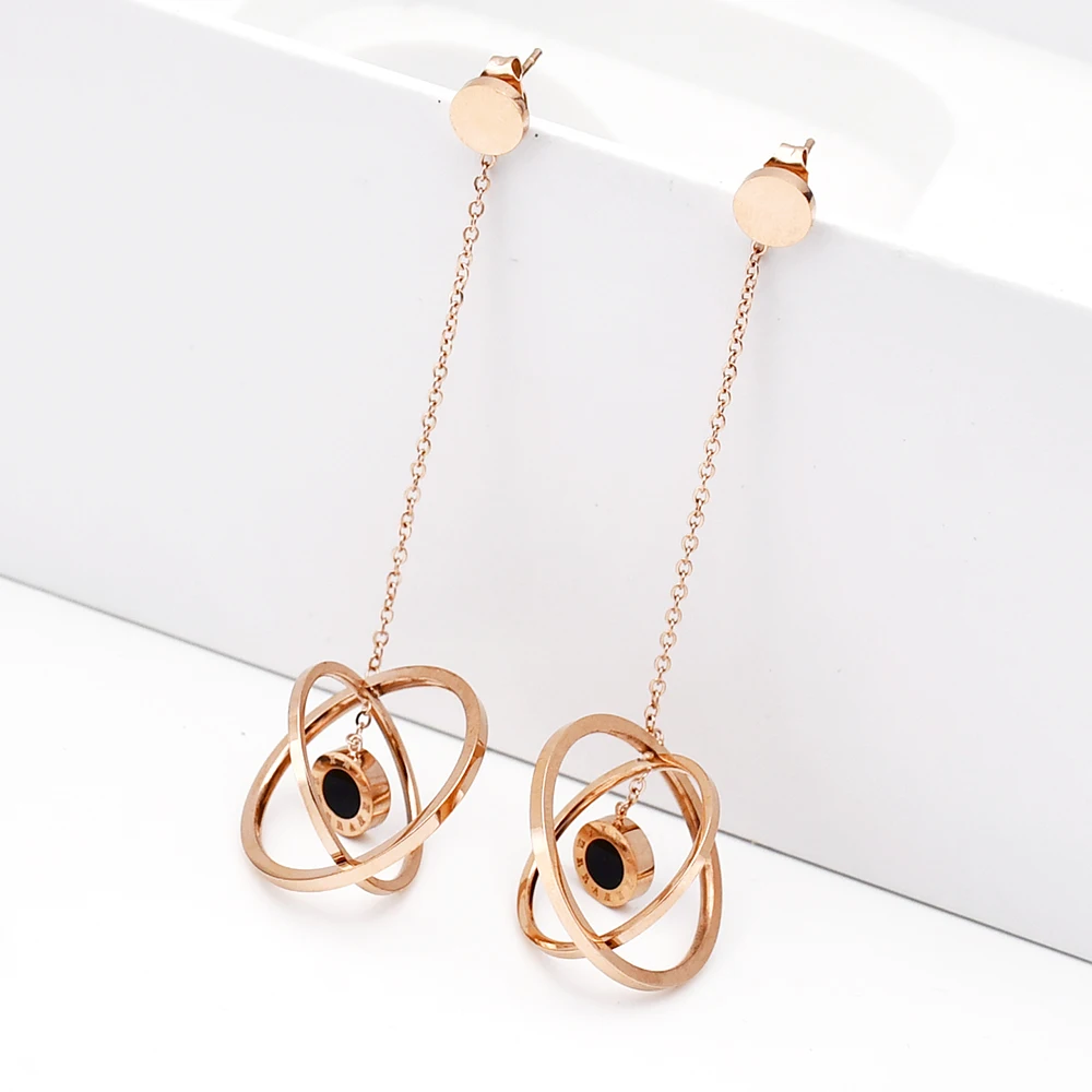 

Rose Gold Long Chain Round Earrings Fashion Women Roman Numerals Earrings Wholesale Stainless Steel Earrings For Women