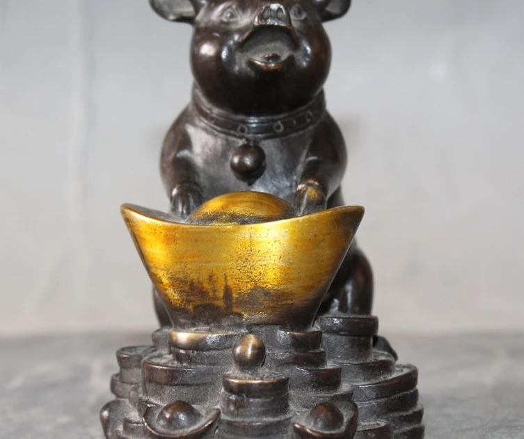 

chinese bronze Gilt Feng shui Wealth Zodiac Animal coin Ingots Pig lucky statue