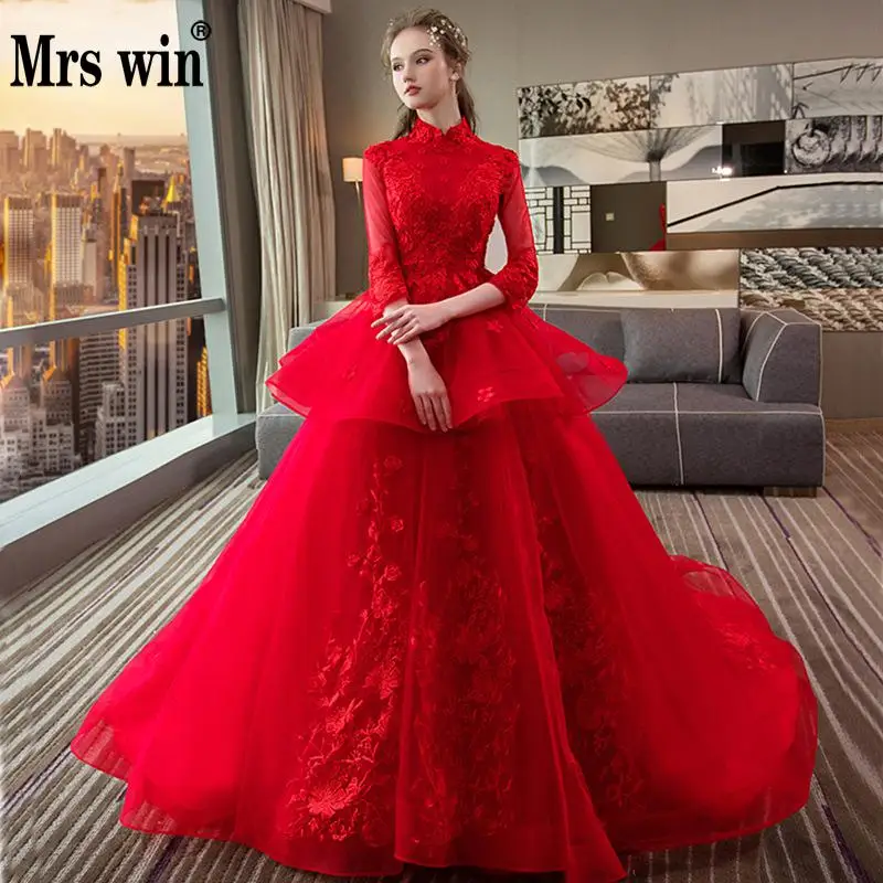 

Wedding Dress 2019 Mrs Win Red And Off White Vintage High Neck Luxury Lace Sweep Train Back Zipper Princess Wedding Dresses F