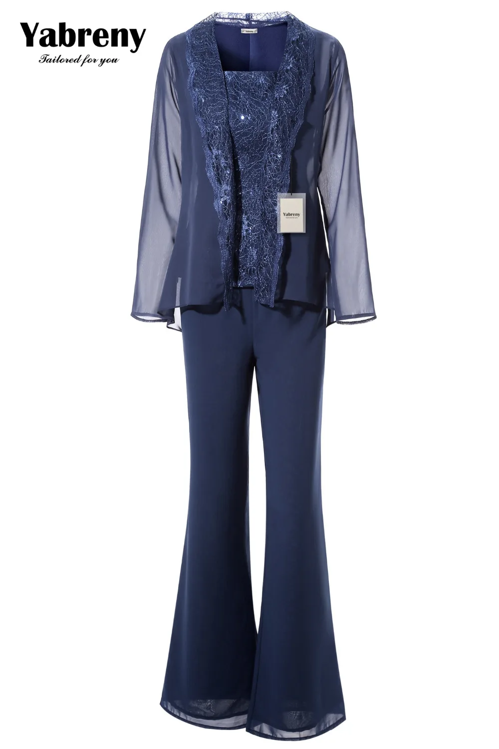Yabreny Dark Navy Chiffon Mother of  bride  pantsuit with jacket Elegant Lace outfit MT0017014-5