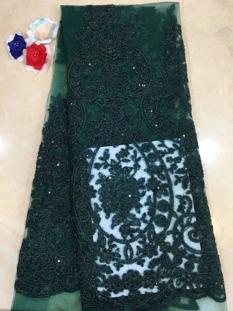 

(5yards/pc) high quality emerald green African French net lace fabric with embroidery and sequins for party dress FZZ065