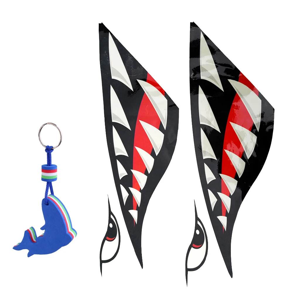 

2x Shark Tooth Vinyl Decals Stickers Kayak Jet Ski + Blue Dolphin Shaped Floating Key Chain