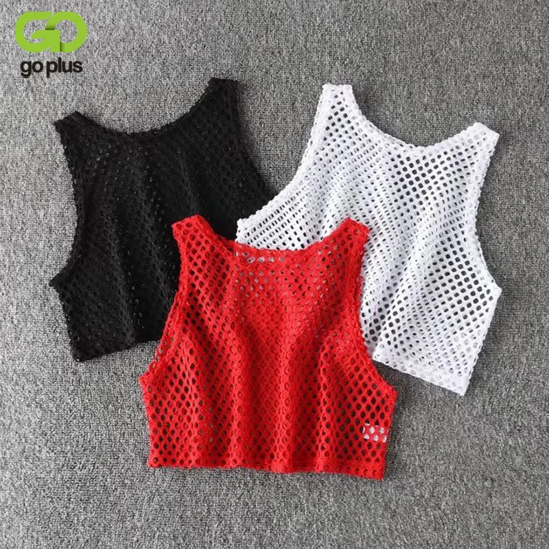 

GOPLUS Sexy Black/Red Hollow Out Mesh T-shirt Female Loose Crop Top 2017 Fashion Summer Basic Tops For Women Fishnet Shirt C4114