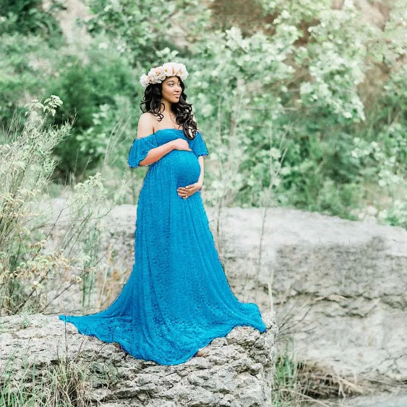 Платье со шлейфом для беременных; реквизит для фотосессии; платье для беременных; одежда для фотосессии; платье для беременных; Кружевное платье макси - Цвет: Сиренево-синего цвета