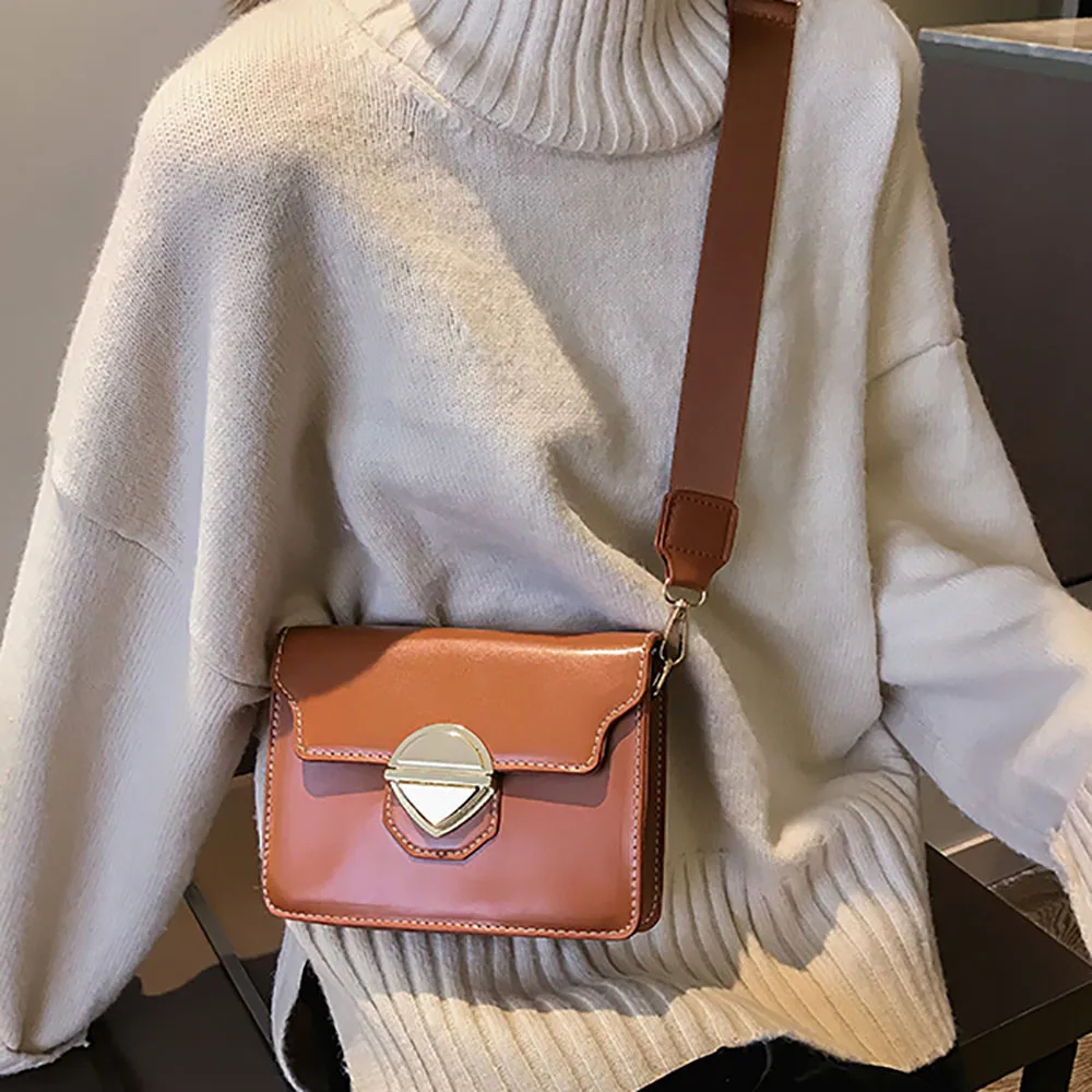 

Simple Women's Vintage Wide Shoulder Strap One Shoulder Solid Color Leather Crossbody Bag crossbody bags for women 2019 new