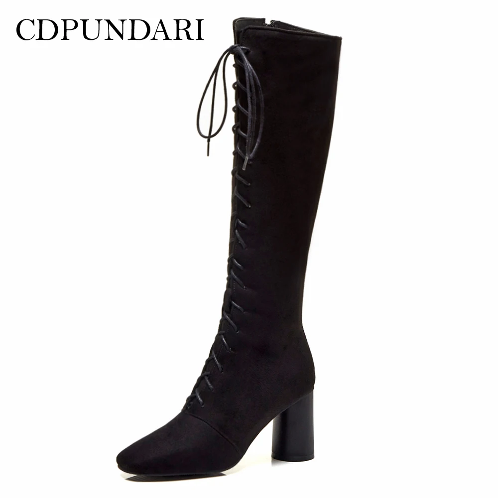 

CDPUNDARI Black Flock Knee High Boots women High heel Boots Ladies Winter boots