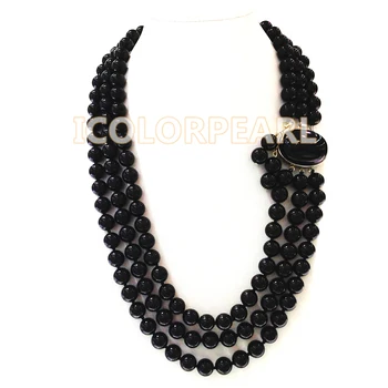 

WEICOLOR Three-Strand 45-52cm Long 8/10mm Round Black Stone Jewelry Necklace And Earring Set,Sterling Silver For Earring Hooks