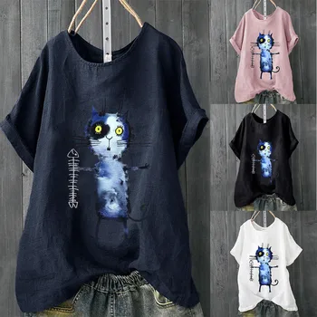 

Summer New Fashion Women Plus Size Short Sleeve Cotton Linen O-Neck Cartoon Print Pullover Tops Shirt рубашка женская Z4